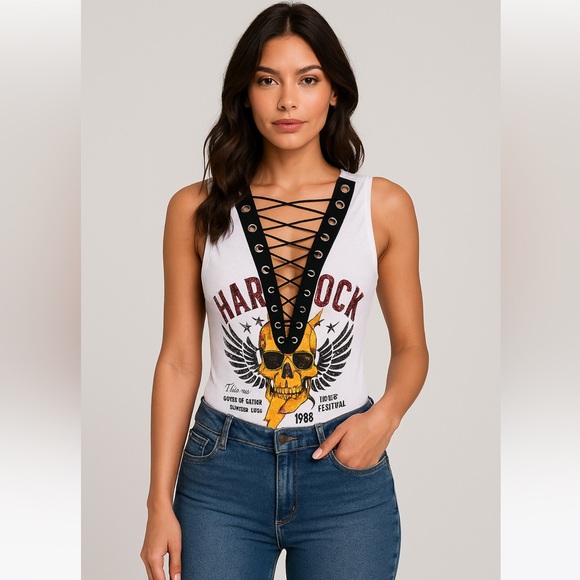 Hard Rock Cafe Tops - Stretchy Hard Rock Motorcycle White Graphic Lace-Up Tank Top Bodysuit